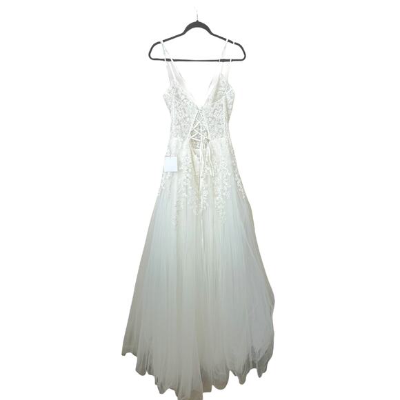 Lulus Bridal NWT Glorious Luxury White Sheer Tulle Embroidered Beaded Maxi Gown - Picture 7 of 10
